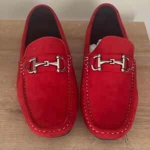 Vibrant Red Suede Loafers with Metal Accent